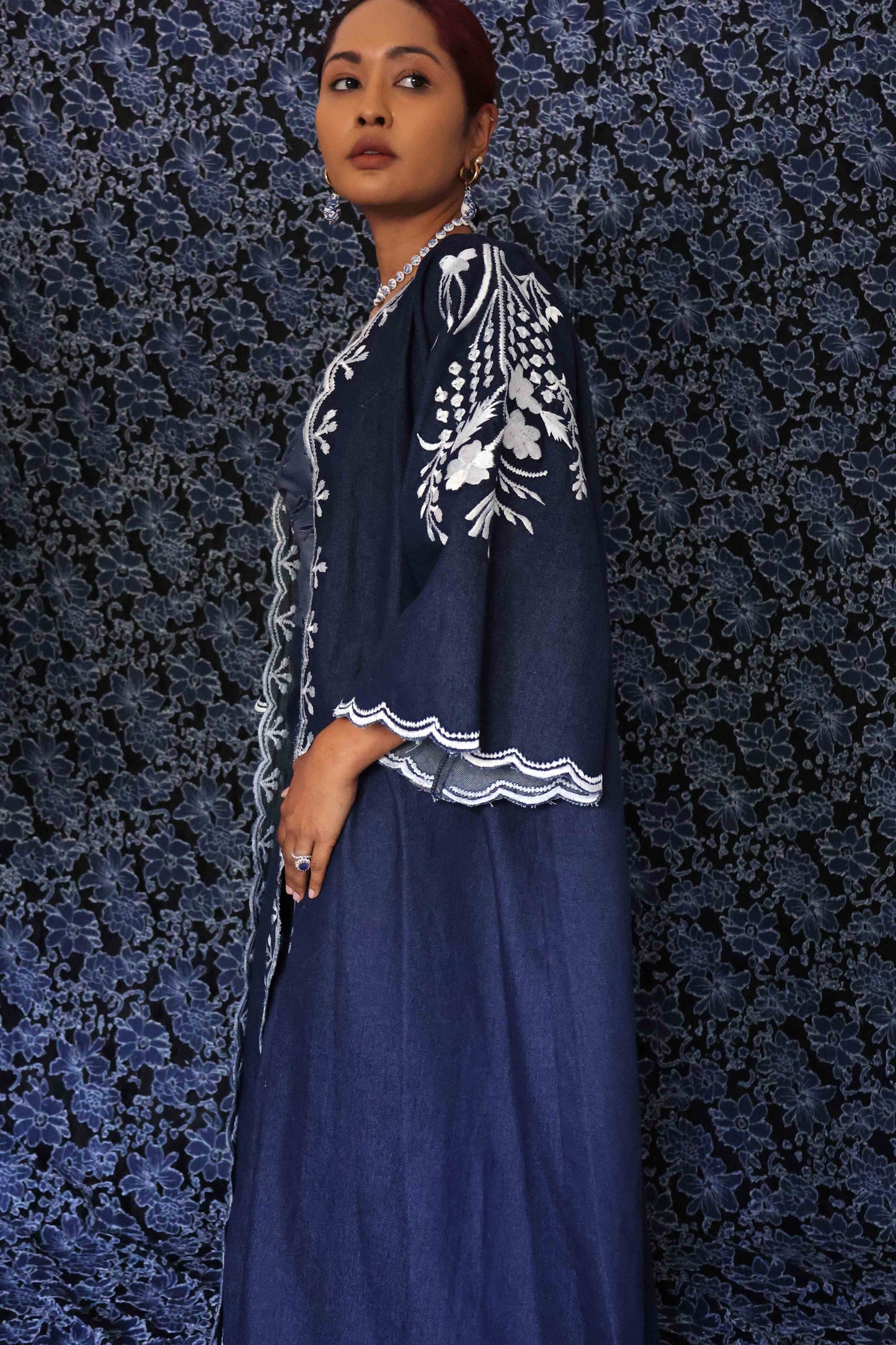 Long Denim Embroidered Duster Coat