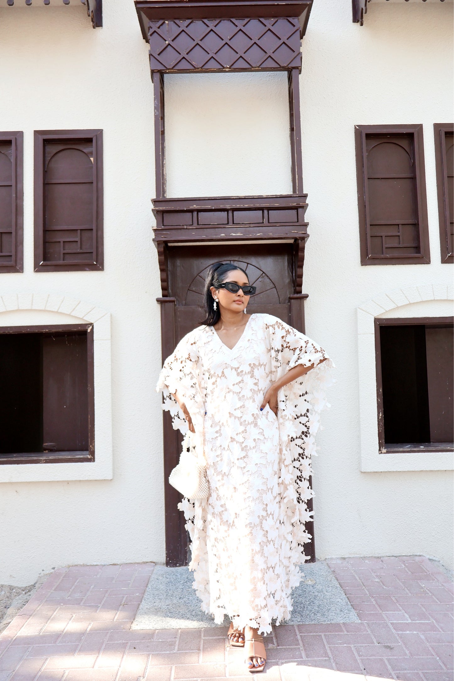 Ibu Jari Hijau: Floral Caftan in Cream