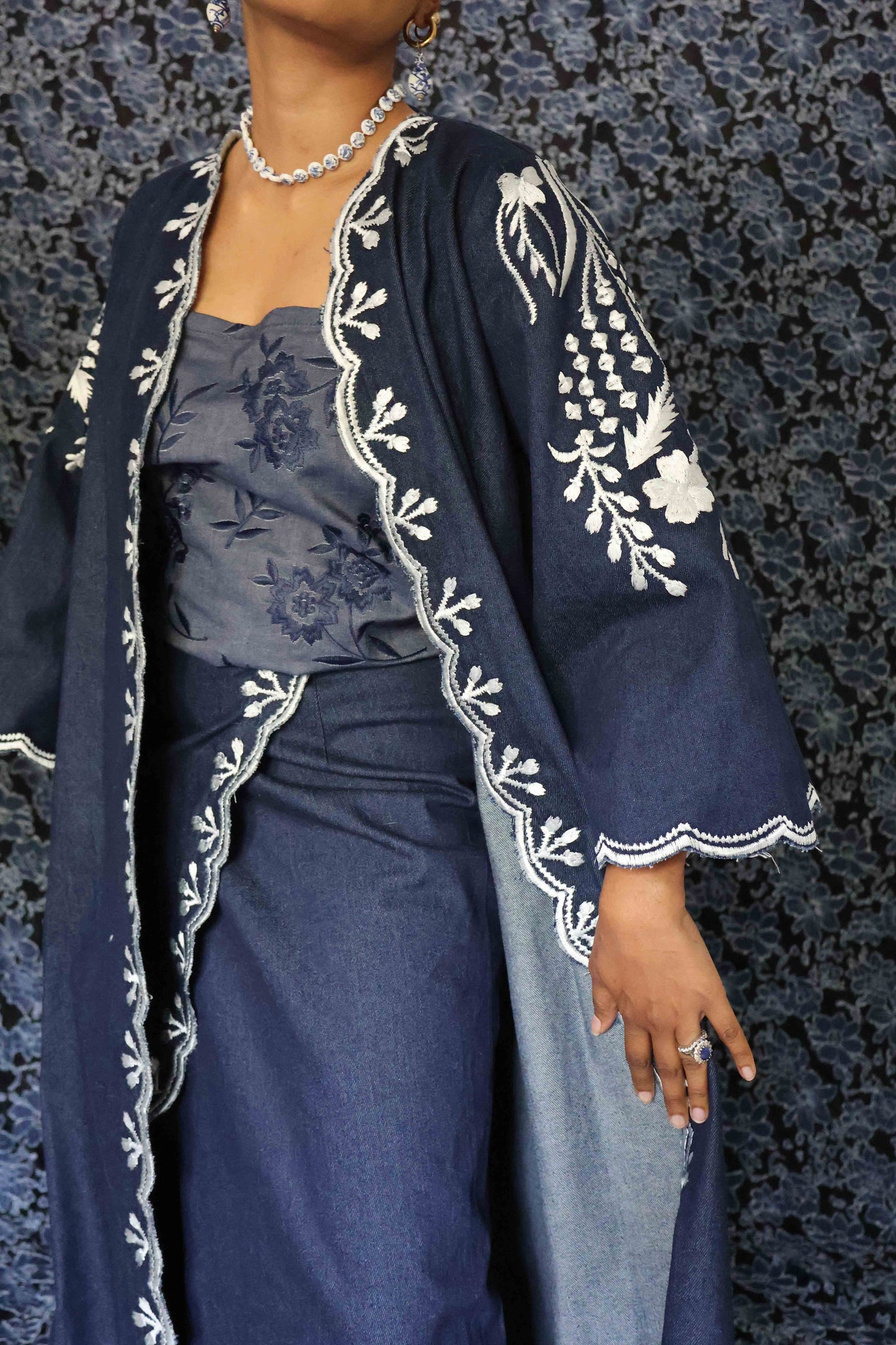 Long Denim Embroidered Duster Coat