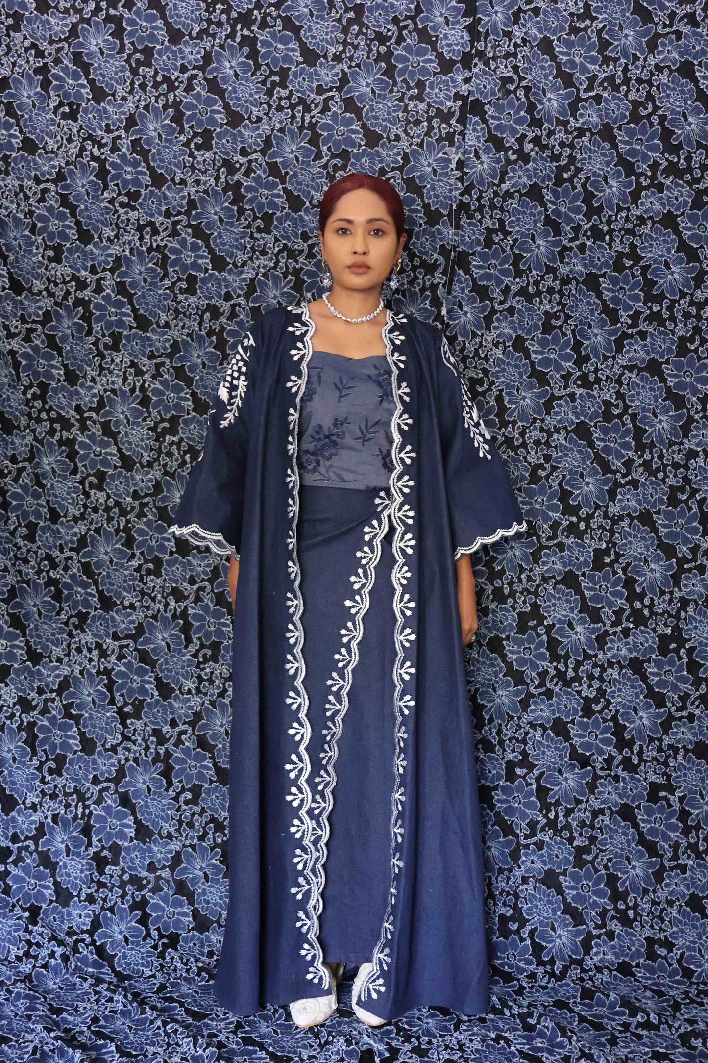 Long Denim Embroidered Duster Coat