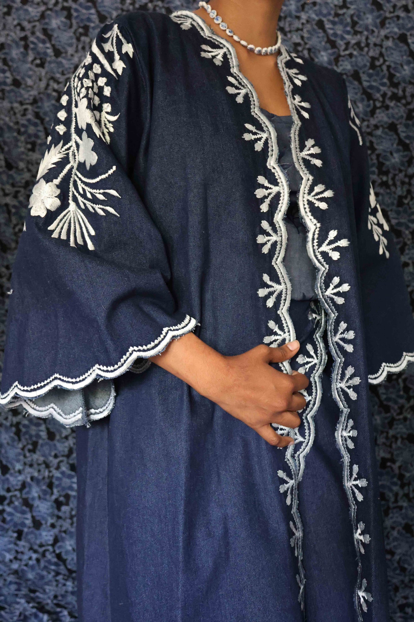 Long Denim Embroidered Duster Coat