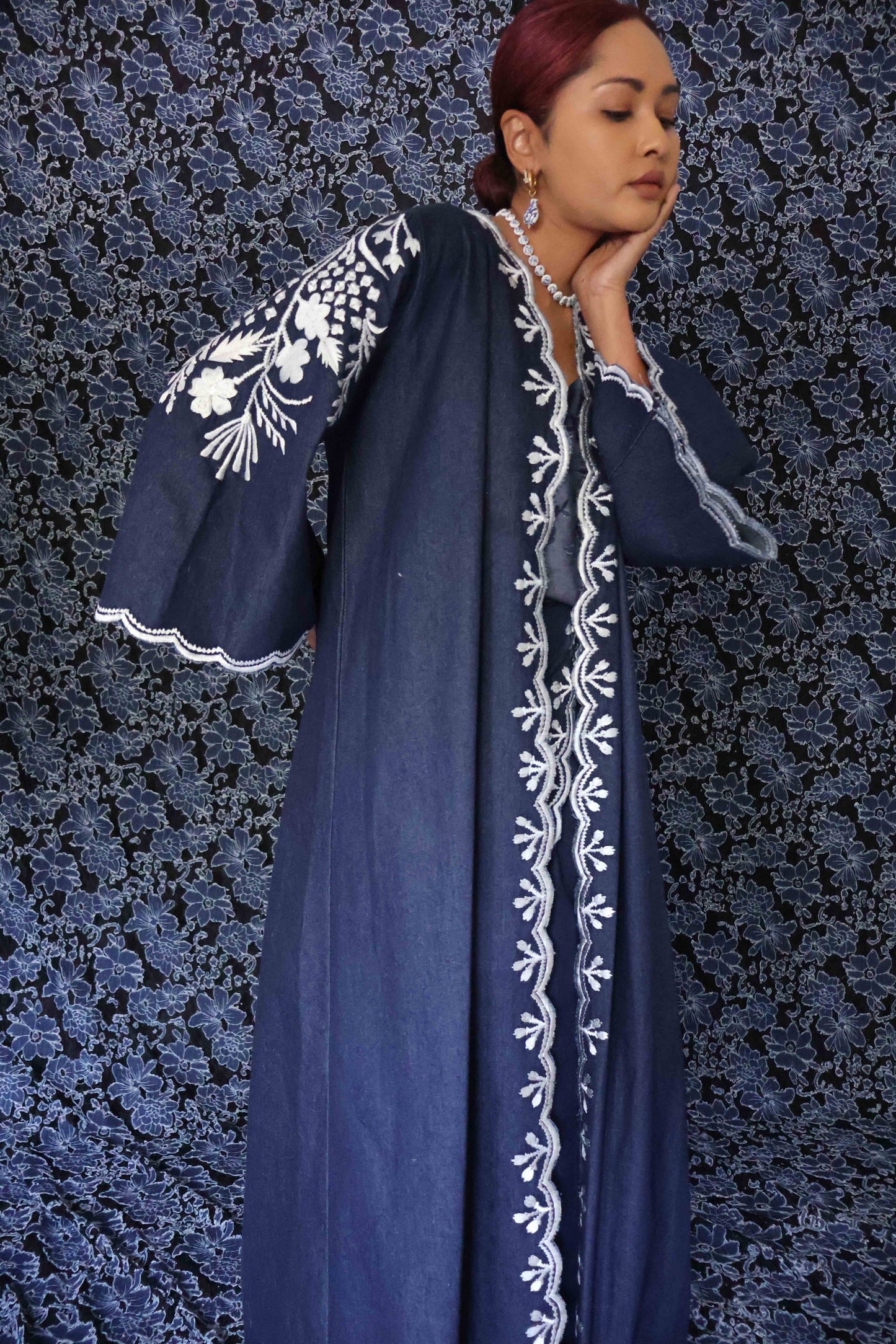 Long Denim Embroidered Duster Coat